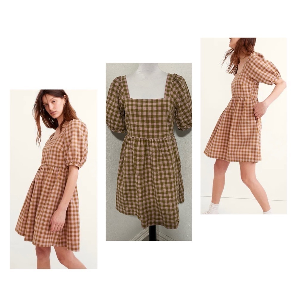 Madewell Women’s Medium Square-Neck Puff-Sleeve Dress in Gingham 100% Cotton EUC